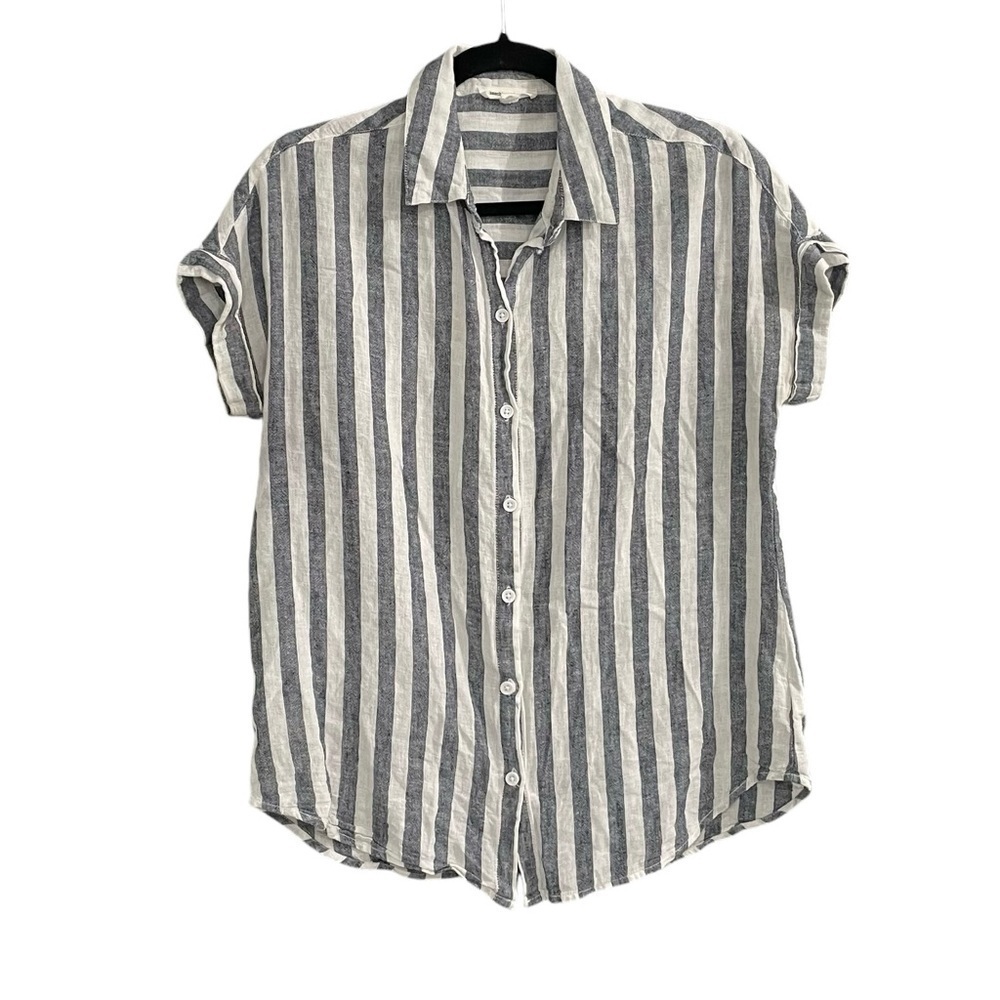 BEACHLUNCHLOUNGE Linen Cotton Striped Button Front Short Sleeve Blouse XS